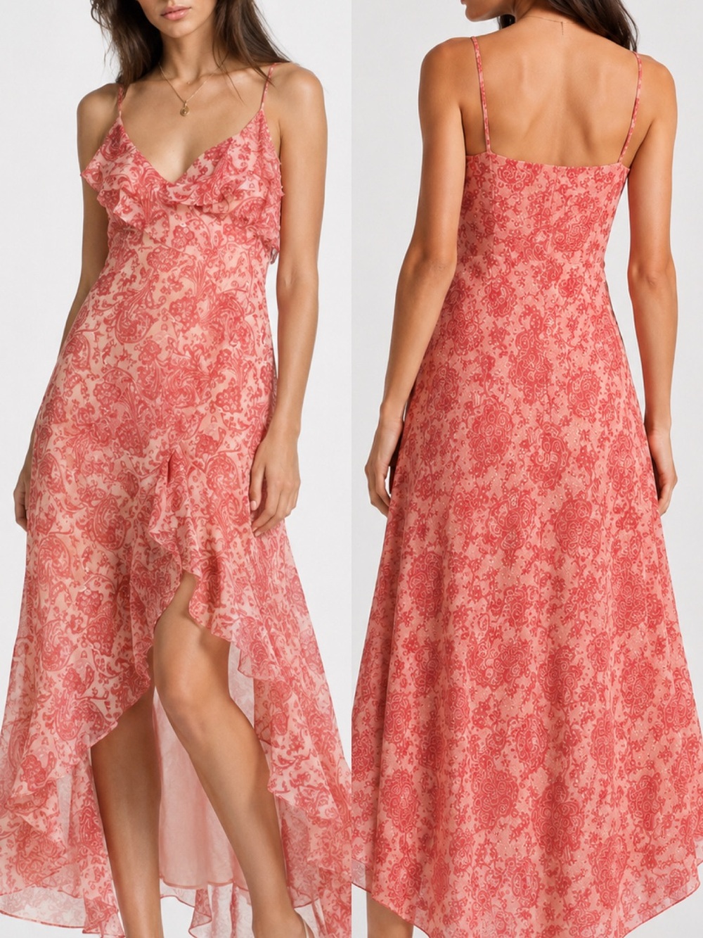 Express Floral Ruffle High-Low Slip Dress - Coral Pink